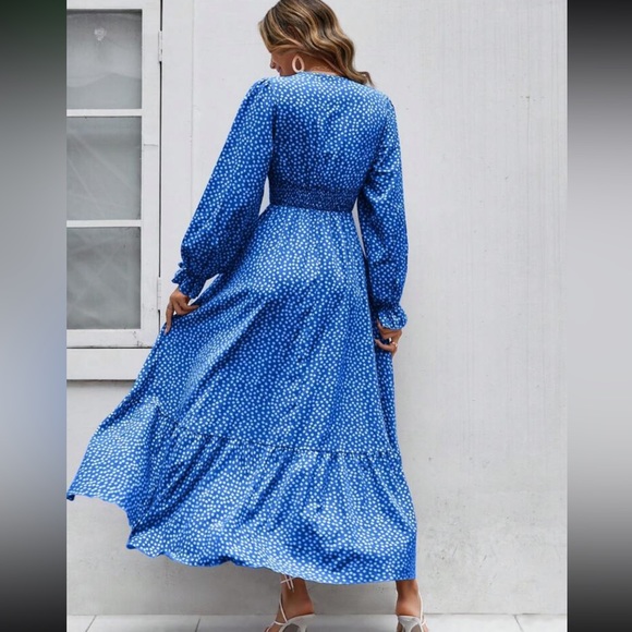 Boho polka dots flounce sleeve ruffle hem maxi dress fall - Picture 3 of 6